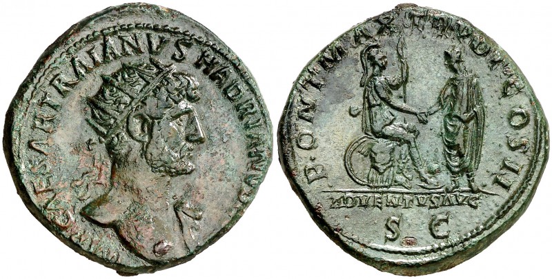 (118 d.C.). Adriano. Dupondio. (Spink 3654) (Co. 92) (RIC. 554). 13,24 g. Pátina...