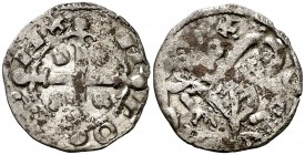Alfonso IX (1188-1230). Coruña. Dinero. (AB. 123). 0,76 g. Manchitas. Ex Colección Manuela Etcheverría. Escasa. MBC.