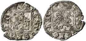 Enrique II (1368-1379). Burgos. Novén. (AB. falta). 0,68 g. Sin el nombre del rey. Ex Colección Manuela Etcheverría. Rara. MBC.