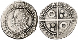 1596. Felipe II. Barcelona. 1/2 croat. (Cal. 699) (Badia falta) (Cru.C.G. falta). 1,68 g. Rara. MBC-.