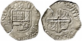 1596/5. Felipe II. Valladolid. D. 1 real. (Cal. falta). 3,28 g. Tipo "OMNIVM". Fecha en reverso. Gráfila circular en reverso. Grieta, pero buen ejempl...