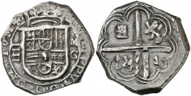 (1597). Felipe II. Granada. M. 4 reales. (Cal. 305 var). 13,54 g. Tipo "OMNIVM". Castillo pequeño. Fecha no visible en reverso. Gráfila interior en an...