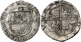 s/d. Felipe II. Sevilla. . 4 reales. (Cal. 391). 13,21 g. Flor de lis entre escudo y corona. Buen ejemplar. Ex Colección Manuela Etcheverría. MBC+.