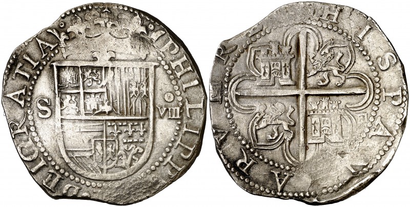 s/d. Felipe II. Sevilla. . 8 reales. (Cal. 235). 27,30 g. Flor de lis entre escu...