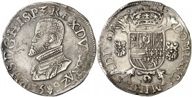 1592. Felipe II. Amberes. 1 escudo felipe. (Vti. 1268) (Vanhoudt 362.AN). 34,15 g. Buen ejemplar. Ex Colección Manuela Etcheverría. MBC+.