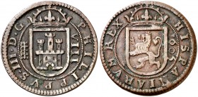 1605. Felipe III. Segovia. 8 maravedís. (Cal. 761) (Seb. 237). 5,70 g. Acueducto de cuatro arcos y dos pisos. Buen ejemplar. MBC+.