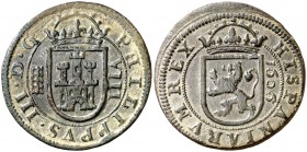 1606/7. Felipe III. Segovia. 8 maravedís. (Cal. 762 var) (J.S. falta) (Seb. falta). 5,46 g. Acueducto de cuatro arcos y dos pisos. MBC+/EBC-.