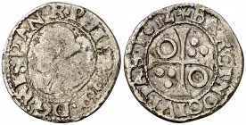 1614. Felipe III. Barcelona. 1/2 croat. (Cal. 538 var) (Badia 1029, mismo ejemplar) (Cru.C.G. 4342i). 1,31 g. Ex Colección Josep Cruixent i Pruna. Rar...