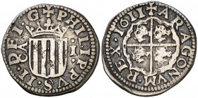 1611. Felipe III. Zaragoza. 1 real. (Cal. 524). 3,38 g. Ex Colección Manuela Etcheverría. Escasa. MBC.