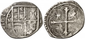 1610/09. Felipe III. México. F/A. 2 reales. (Cal. tipo 110, no señala estas rectificaciones). 5,53 g. Rara. MBC-.