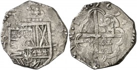 1614. Felipe III. Toledo. (V). 4 reales. (Cal. 299) (Cal. edición 1998, nº 215a, mismo ejemplar). 13,39 g. La leyenda del reverso comienza a las 3h y ...