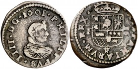 1661. Felipe IV. Trujillo. F. 16 maravedís. (Cal. 1626). 3,95 g. La leyenda del anverso comienza a la 1 h. del reloj. Rarísima. MBC.