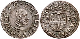 1664. Felipe IV. Valladolid. M. 16 maravedís. (Cal. 1674) (Seb. 818). 3,68 g. Bella. Escasa así. EBC-.