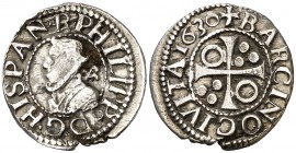 1630. Felipe IV. Barcelona. 1/2 croat. (Cal. 1132) (Cru.C.G. 4419). 1,45 g. Rayitas. Escasa. MBC-/MBC.