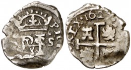 1627. Felipe IV. Sevilla. D. 1/2 real. (Cal. 1213). 1,76 g. Defecto de cospel. Muy rara. (MBC-).