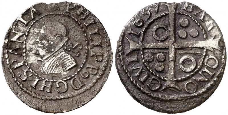 1637. Felipe IV. Barcelona. 1 croat. (Cal. 978) (Cru.C.G. 4414e). 2,89 g. Pátina...
