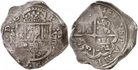 (163)5. Felipe IV. Sevilla. R. 8 reales. (Cal. 608). 27,21 g. Flan grande. Acuñación descuidada, pero ejemplar atractivo. Muy escasa así. MBC.