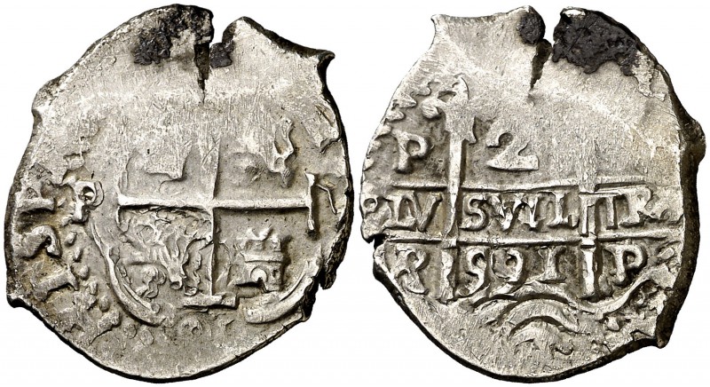 1691. Carlos II. Potosí. . 2 reales. Falta en todas las obras especializadas. 5,...