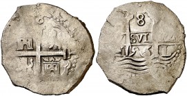 1696. Carlos II. Lima. H. 8 reales. (Cal. 240). 27,01 g. Doble ensayador. Ex Colección Manuela Etcheverría. MBC-.