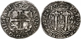 1687. Carlos II. Potosí. . 8 reales. (Cal. 325) (Lázaro 220). 25,36 g. Redonda. Tipo de presentación real. Perforación hábilmente reparada. MBC.