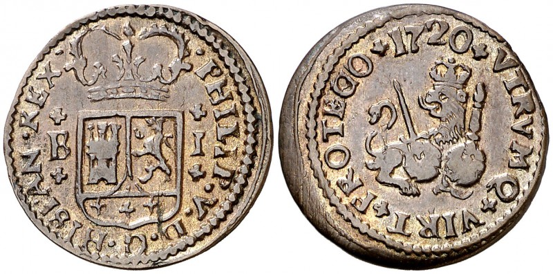 1720. Felipe V. Barcelona. 1 maravedí. (Cal. 1944). 2 g. Atractiva. Ex Colección...