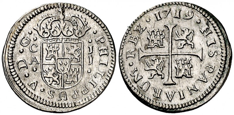 1719. Felipe V. Cuenca. JJ. 1/2 real. (Cal. 1733). 1,09 g. PHILIPPUS. Limpiada. ...