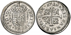 1719. Felipe V. Cuenca. JJ. 1/2 real. (Cal. 1733). 1,09 g. PHILIPPUS. Limpiada. Ex Colección Manuela Etcheverría. MBC+.