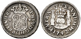 1742. Felipe V. México. M. 1/2 real. (Cal. 1867). 1,61 g. Columnario. Rayitas. Ex Colección Manuela Etcheverría. MBC+/MBC.