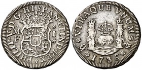 1736. Felipe V. México. MF. 1 real. (Cal. 1598). 3,21 g. Columnario. Leves rayitas. Ex Colección Manuela Etcheverría. MBC+/MBC.