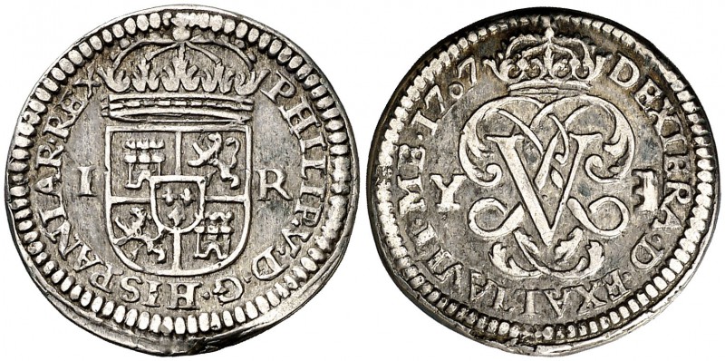 1707. Felipe V. Segovia. Y. 1 real. (Cal. 1687). 3,05 g. El 0 de la fecha pequeñ...
