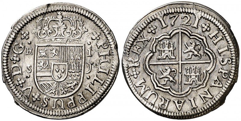 1721. Felipe V. Sevilla. J. 1 real. (Cal. 1709). 2,74 g. Golpecitos. Buen ejempl...