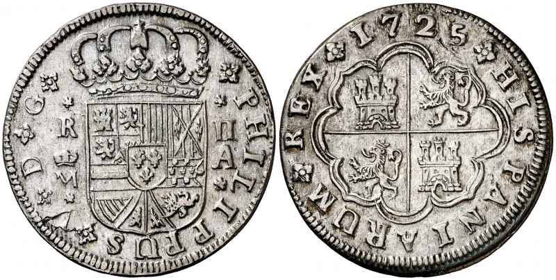 1725. Felipe V. Madrid. A. 2 reales. (Cal. 1252). 5,21 g. Rayita en reverso. Par...