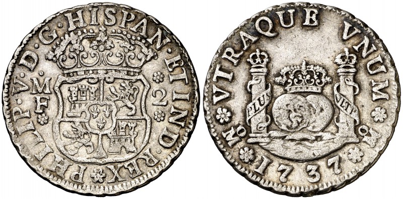 1737/6. Felipe V. México. MF. 2 reales. (Cal. 1284 var). 6,71 g. Columnario. Bue...