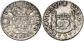 1737/6. Felipe V. México. MF. 2 reales. (Cal. 1284 var). 6,71 g. Columnario. Buen ejemplar. Ex Colección Manuela Etcheverría. Escasa. MBC+.
