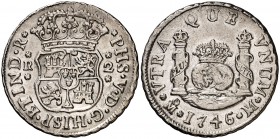 1746. Felipe V. México. M. 2 reales. (Cal. 1299). 6,69 g. Columnario. Buen ejemplar. Ex Áureo & Calicó 18/10/2018, nº 1427. Ex Colección Manuela Etche...