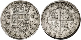 1717. Felipe V. Segovia. J. 2 reales. (Cal. 1387). 6,84 g. Reverso incuso en anverso. Atractiva. Ex Colección Manuela Etcheverría. EBC-.