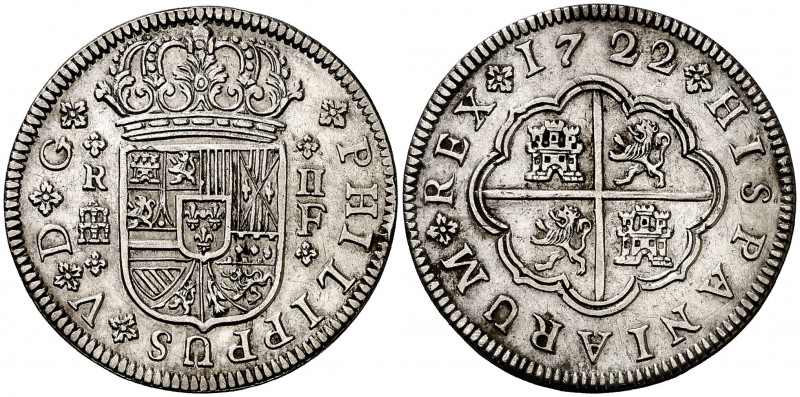 1722. Felipe V. Segovia. F. 2 reales. (Cal. 1402). 5,91 g. Ensayador tamaño medi...