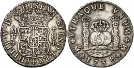 1738. Felipe V. México. MF. 8 reales. (Cal. 783). 26,83 g. Columnario. Rayitas. Ex Colección Manuela Etcheverría. MBC+.