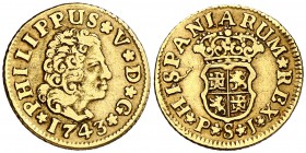 1743. Felipe V. Sevilla. PJ. 1/2 escudo. (Cal. 584). 1,75 g. MBC-/MBC.