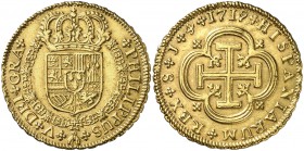 1719. Felipe V. Sevilla. J. 4 escudos. (Cal. 281). 13,43 g. Tipo "cruz". Mínimas rayitas. Buen ejemplar. Ex Áureo & Calicó Selección 2016, nº 195. Muy...