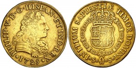 1729. Felipe V. Sevilla. 8 escudos. (Cal. 195) (Cal.Onza 527). 26,54 g. Sin indicación de valor ni ensayador. PHILIP en lugar de PHILP. Soldadura en c...