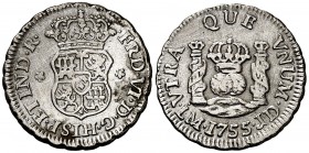 1755. Fernando VI. Lima. JD. 1/2 real. (Cal. 640). 1,66 g. Columnario. Ex Colección Manuela Etcheverría. Escasa. MBC.