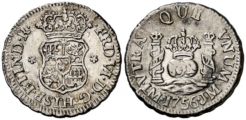 1756. Fernando VI. Lima. JM. 1/2 real. (Cal. 642). 1,61 g. Columnario. Oxidacion...