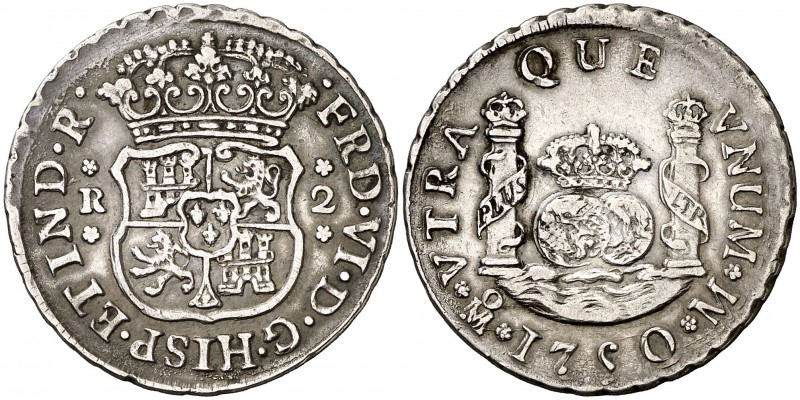 1750. Fernando VI. México. M. 2 reales. (Cal. 490). 6,64 g. Columnario. Buen eje...