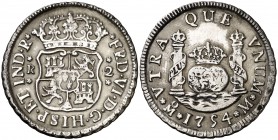 1754. Fernando VI. México. M. 2 reales. (Cal. 494). 5,96 g. Columnario. Ex Colección Manuela Etcheverría. MBC.