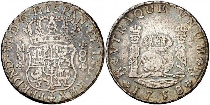 1758. Fernando VI. México. MM. 8 reales. (Cal. 343). 26,56 g. Columnario. MBC-.