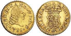 1755. Fernando VI. Madrid. JB. 1/2 escudo. (Cal. 252). 1,75 g. Rayita. Bonito color. MBC/MBC+.