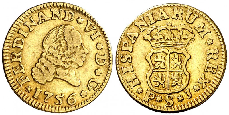 1756. Fernando VI. Sevilla. PJ. 1/2 escudo. (Cal. 269). 1,73 g. MBC-/MBC.