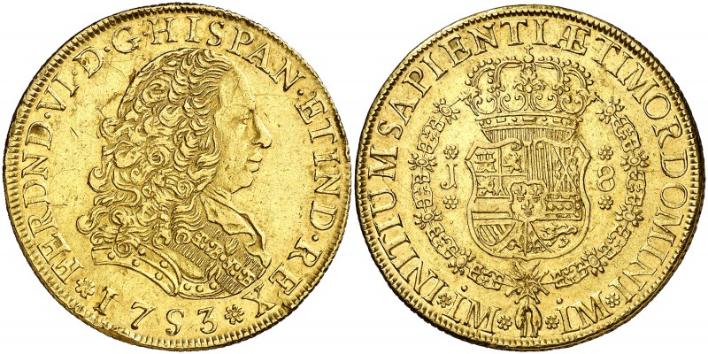 1753. Fernando VI. Lima. J. 8 escudos. (Cal. 20) (Cal.Onza 580). 26,92 g. Sin el...