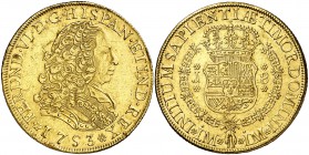 1753. Fernando VI. Lima. J. 8 escudos. (Cal. 20) (Cal.Onza 580). 26,92 g. Sin el travesaño de la A en el monograma de la ceca. Golpecitos. Rara. (MBC+...